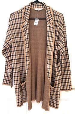 LOFT Plaid Longline Cardigan Sweater Jacket Women Large L NWT Open Front Brown